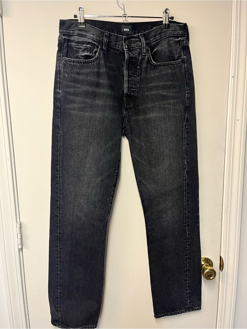 EDWIN Black Washed High Rise Straight Leg Jeans Distressed Denim